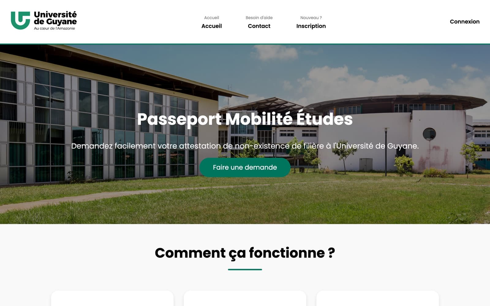 Page d'accueil du téléservice Passeport Mobilité Études de l'Université de Guyane : demande d'attestation de non-existence de filière en ligne